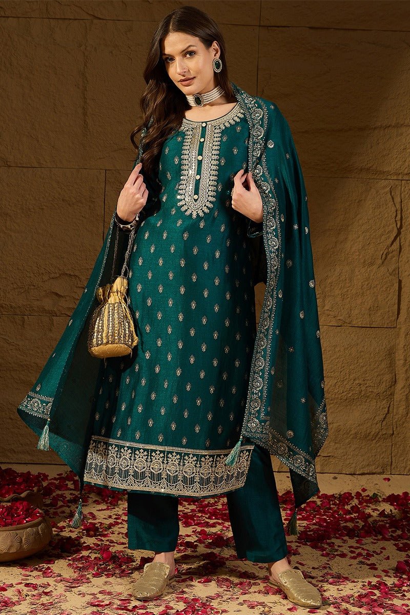 Teal Silk Blend Embroidered Straight Kurta Trouser With Dupatta - DWEEP SARA