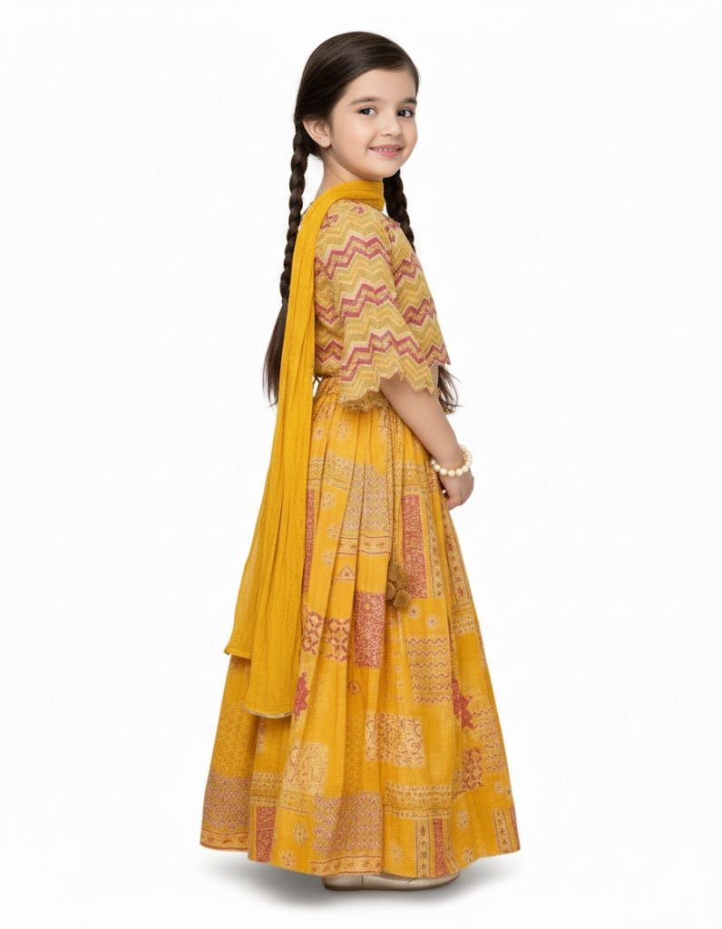 Traditional Yellow Printed Embroidered Lehenga Set for Girls - DWEEP SARA