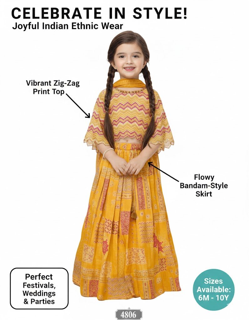 Traditional Yellow Printed Embroidered Lehenga Set for Girls - DWEEP SARA