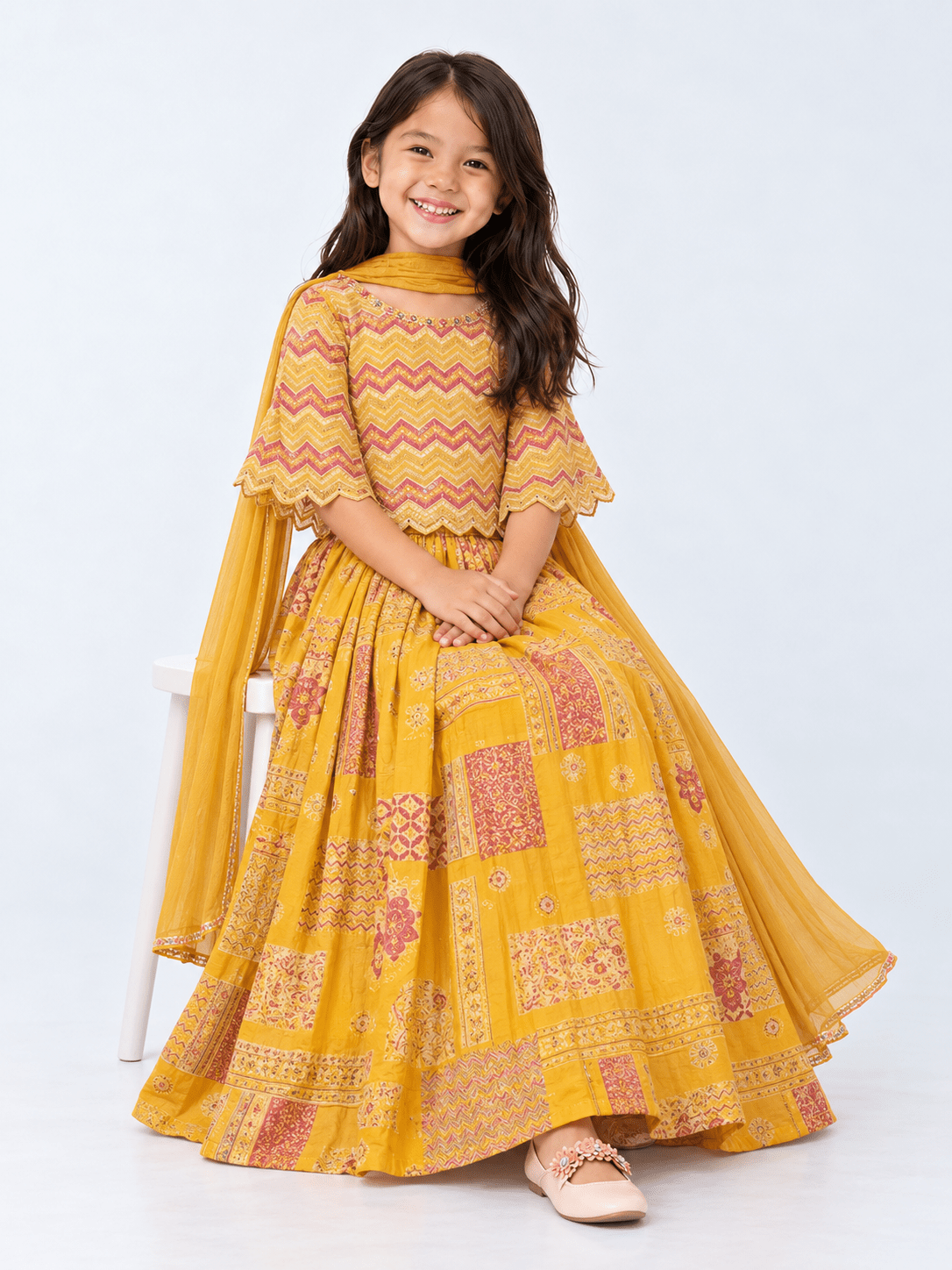 Traditional Yellow Printed Embroidered Lehenga Set for Girls - DWEEP SARA