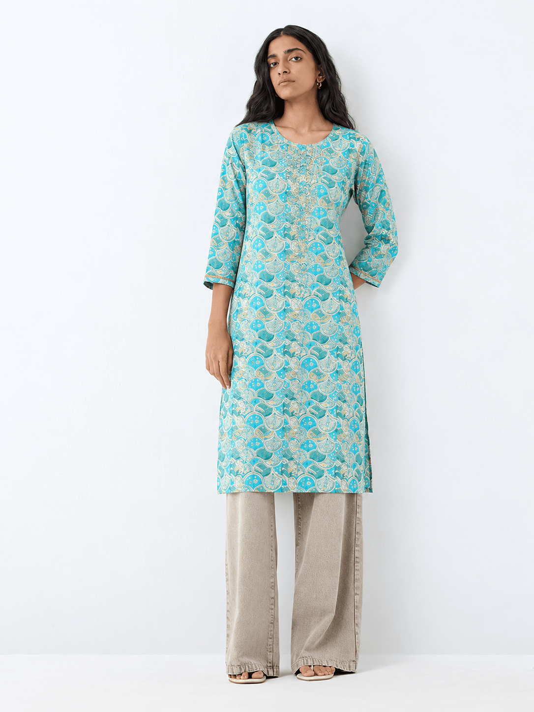 Turquoise Blue Viscose Rayon Ethnic Motifs Straight Kurta - DWEEP SARA