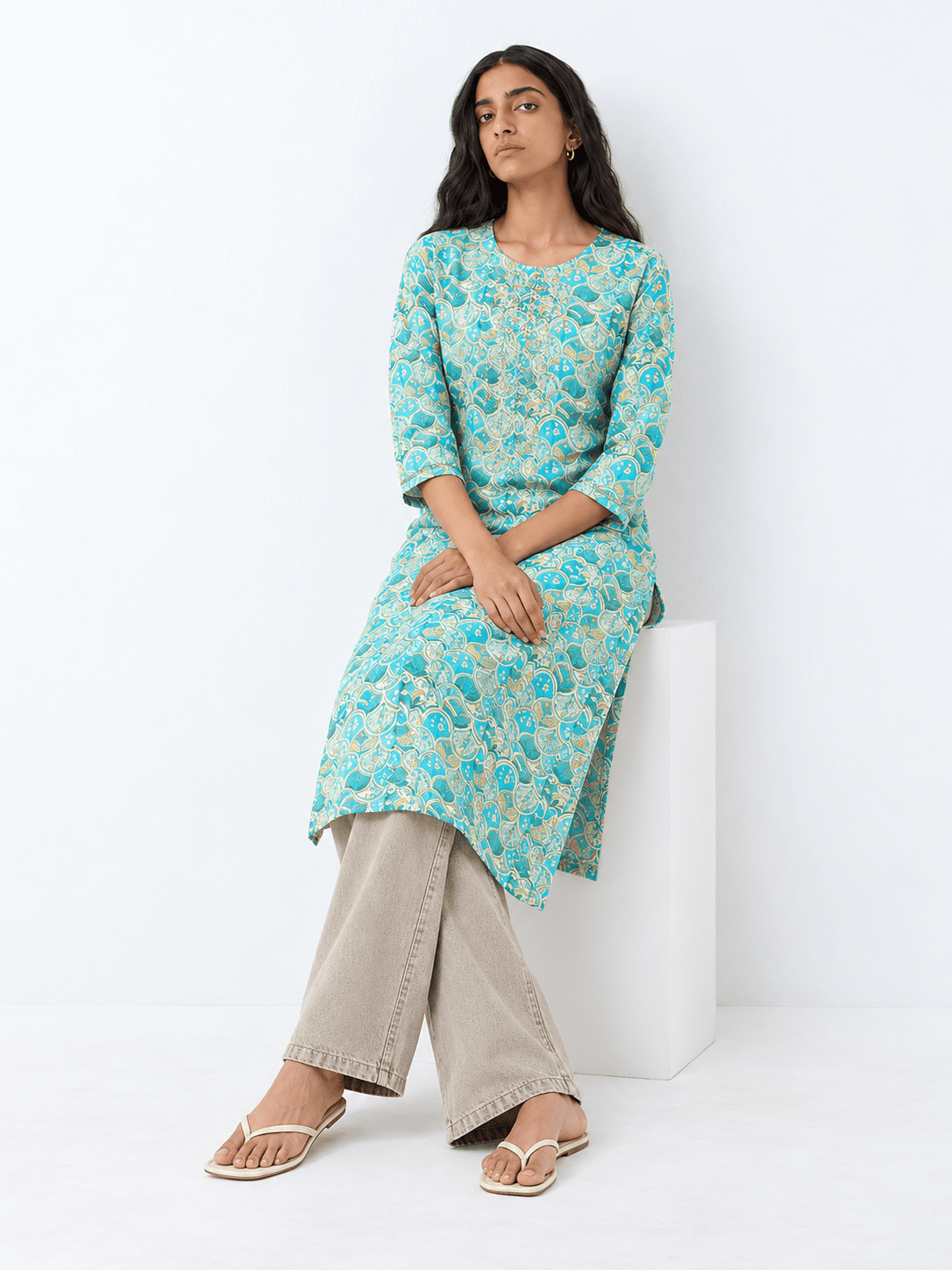 Turquoise Blue Viscose Rayon Ethnic Motifs Straight Kurta - DWEEP SARA