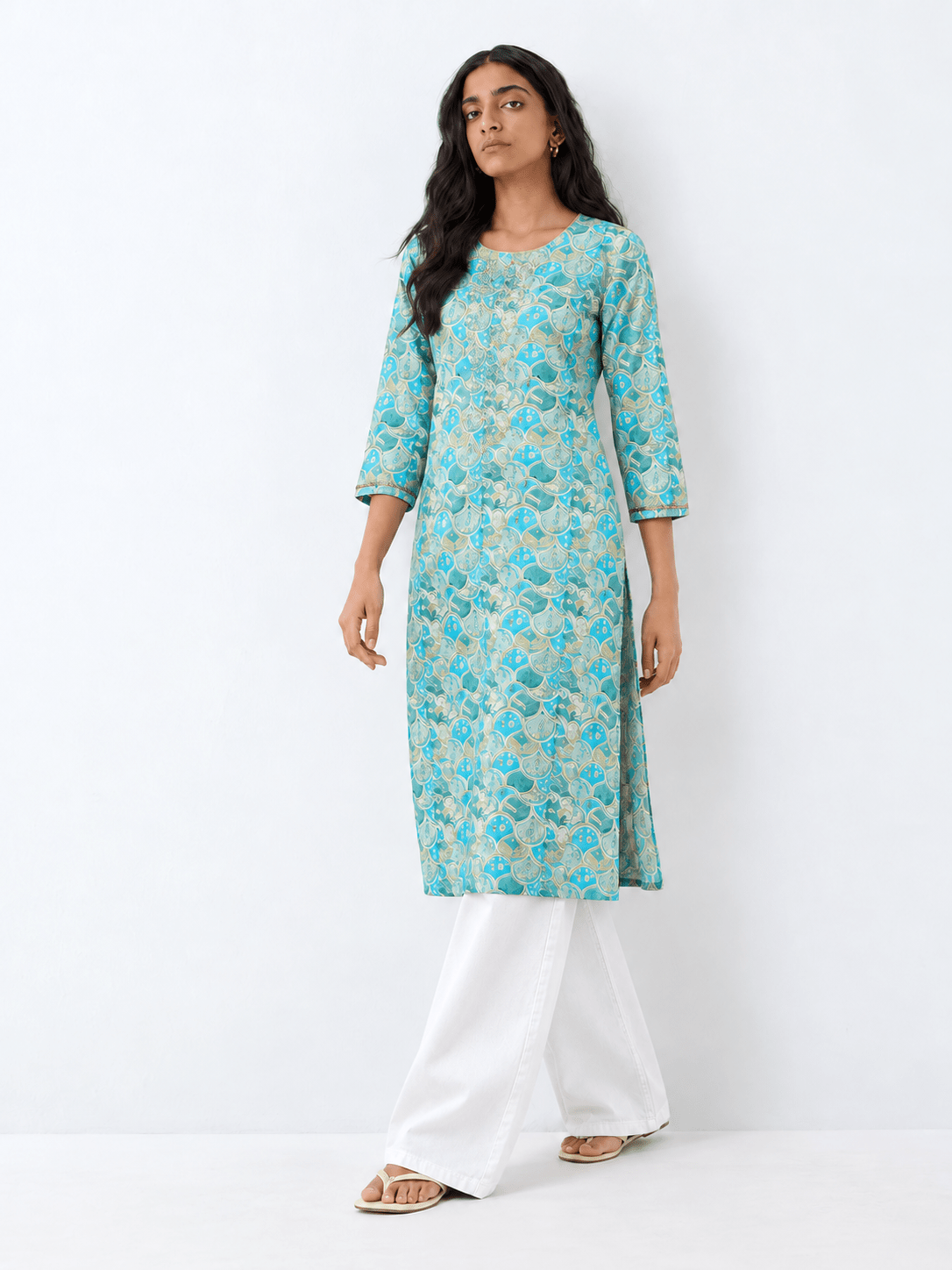 Turquoise Blue Viscose Rayon Ethnic Motifs Straight Kurta - DWEEP SARA