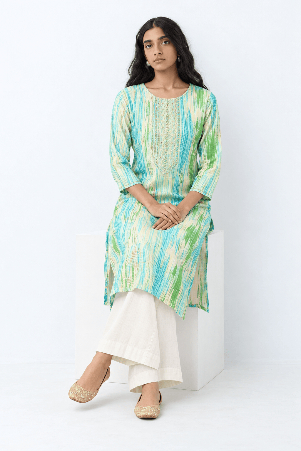 Turquoise Blue Viscose Rayon Straight Kurta - DWEEP SARA