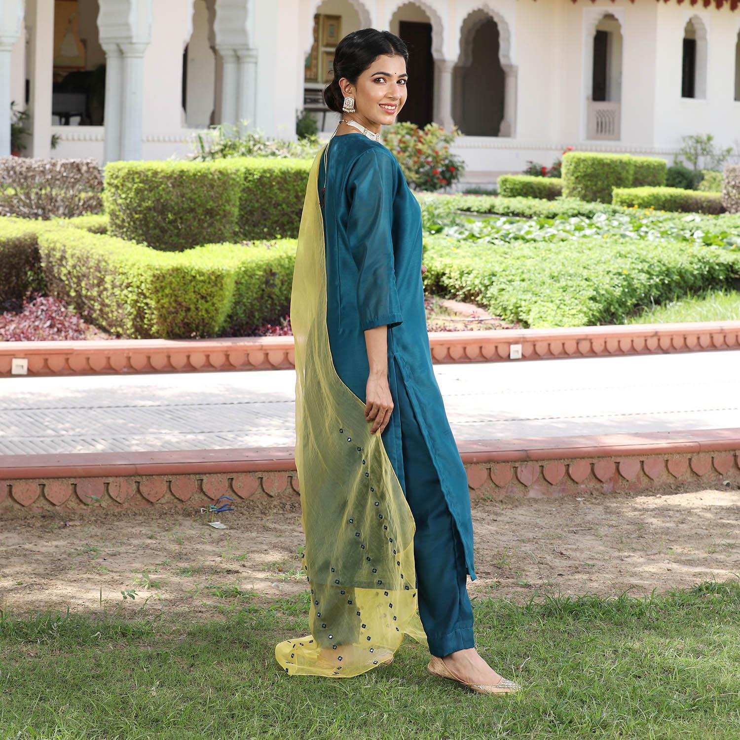 TURQUOISE CHANDERI SUIT SET - DWEEP SARA