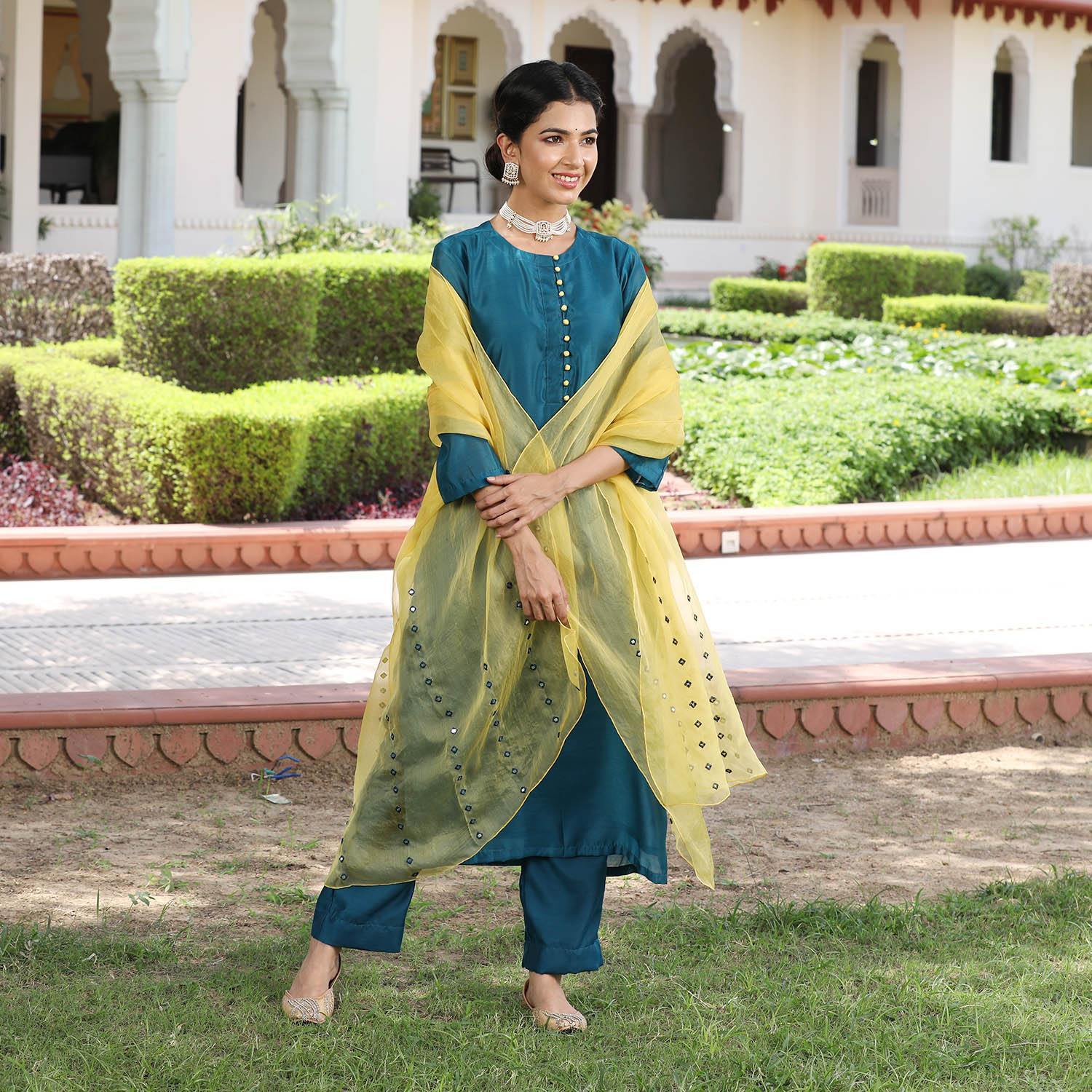 TURQUOISE CHANDERI SUIT SET - DWEEP SARA