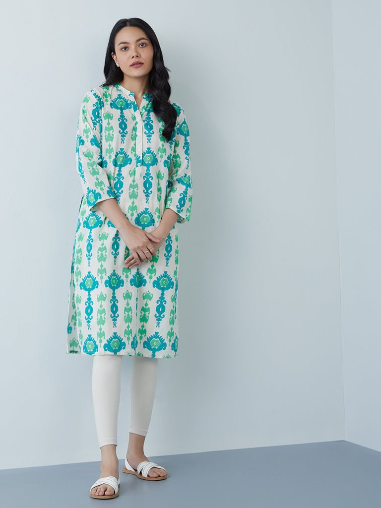 Two - Toned Ikat Pattern Straight Kurta - DWEEP SARA
