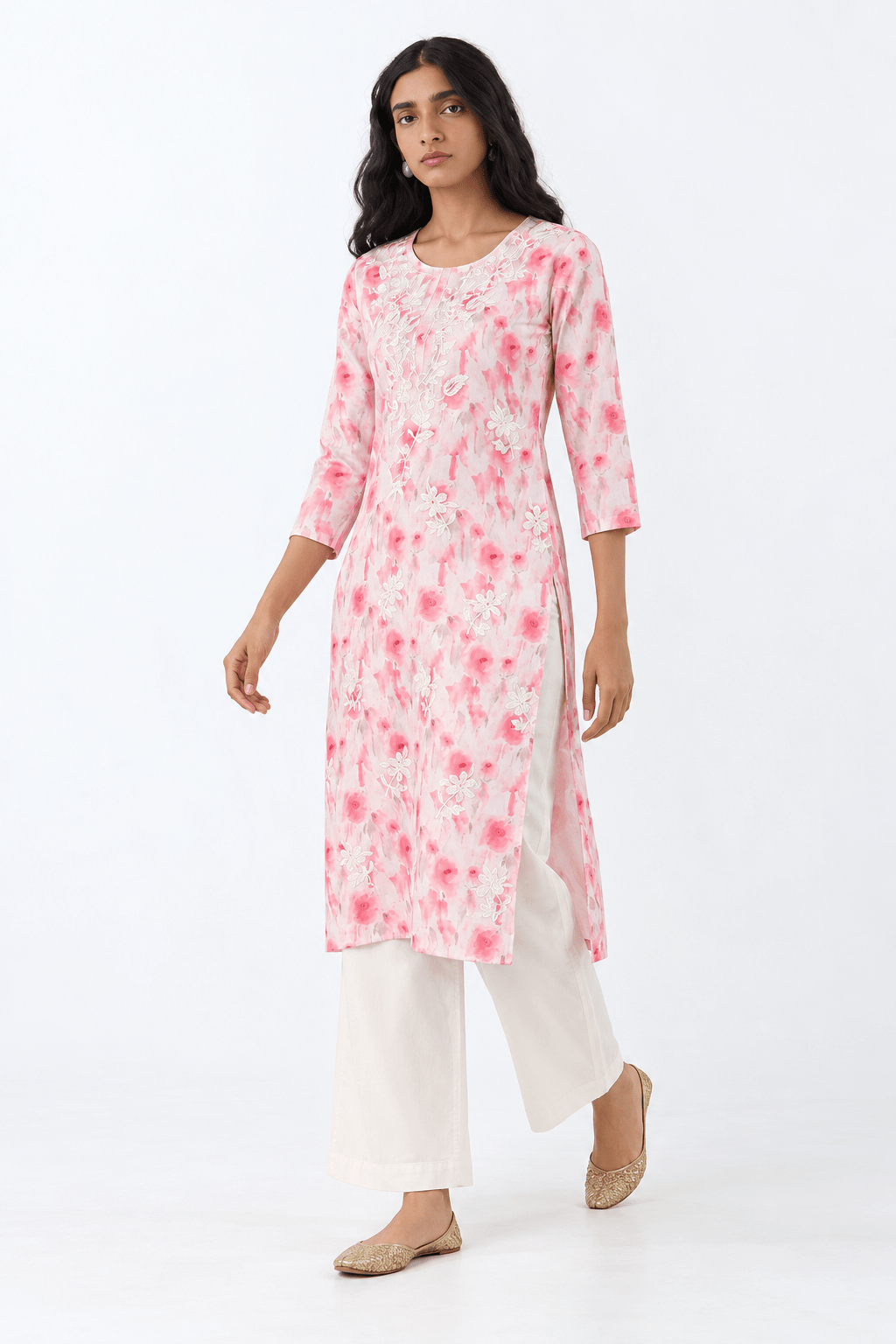 White Cotton Blend Straight Kurta – Embroidered Ethnic Print - DWEEP SARA