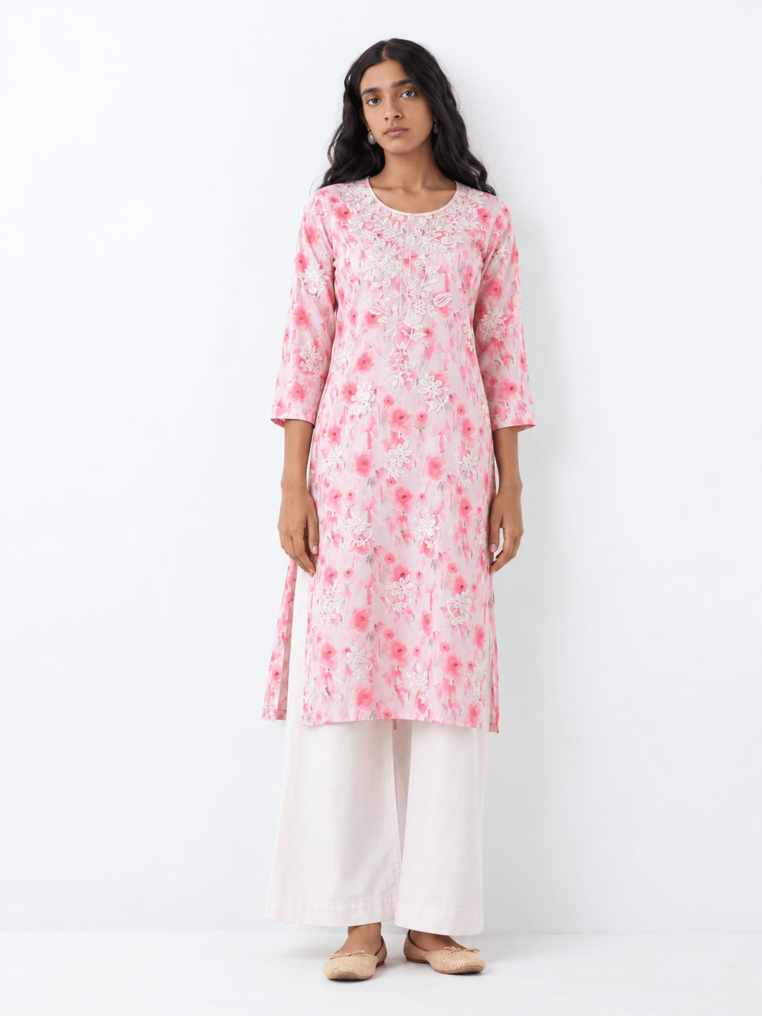 White Cotton Blend Straight Kurta – Embroidered Ethnic Print - DWEEP SARA