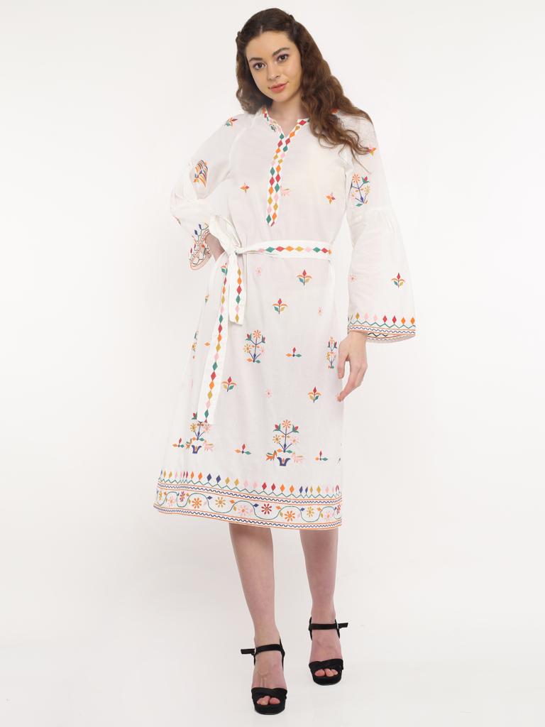 White Embroidery Cotton Ladies Dress - DWEEP SARA