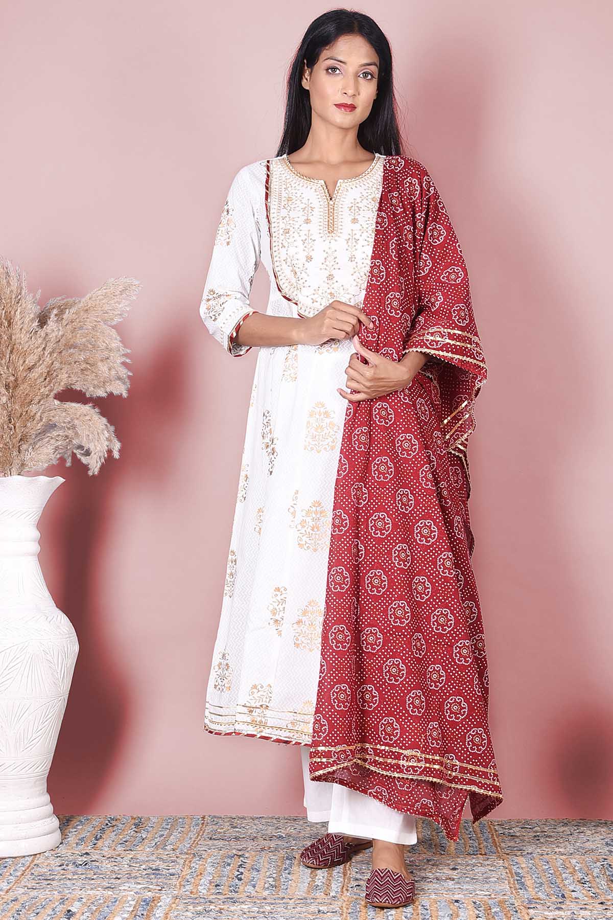 White & Gold Cotton Printed Suit Set - DWEEP SARA
