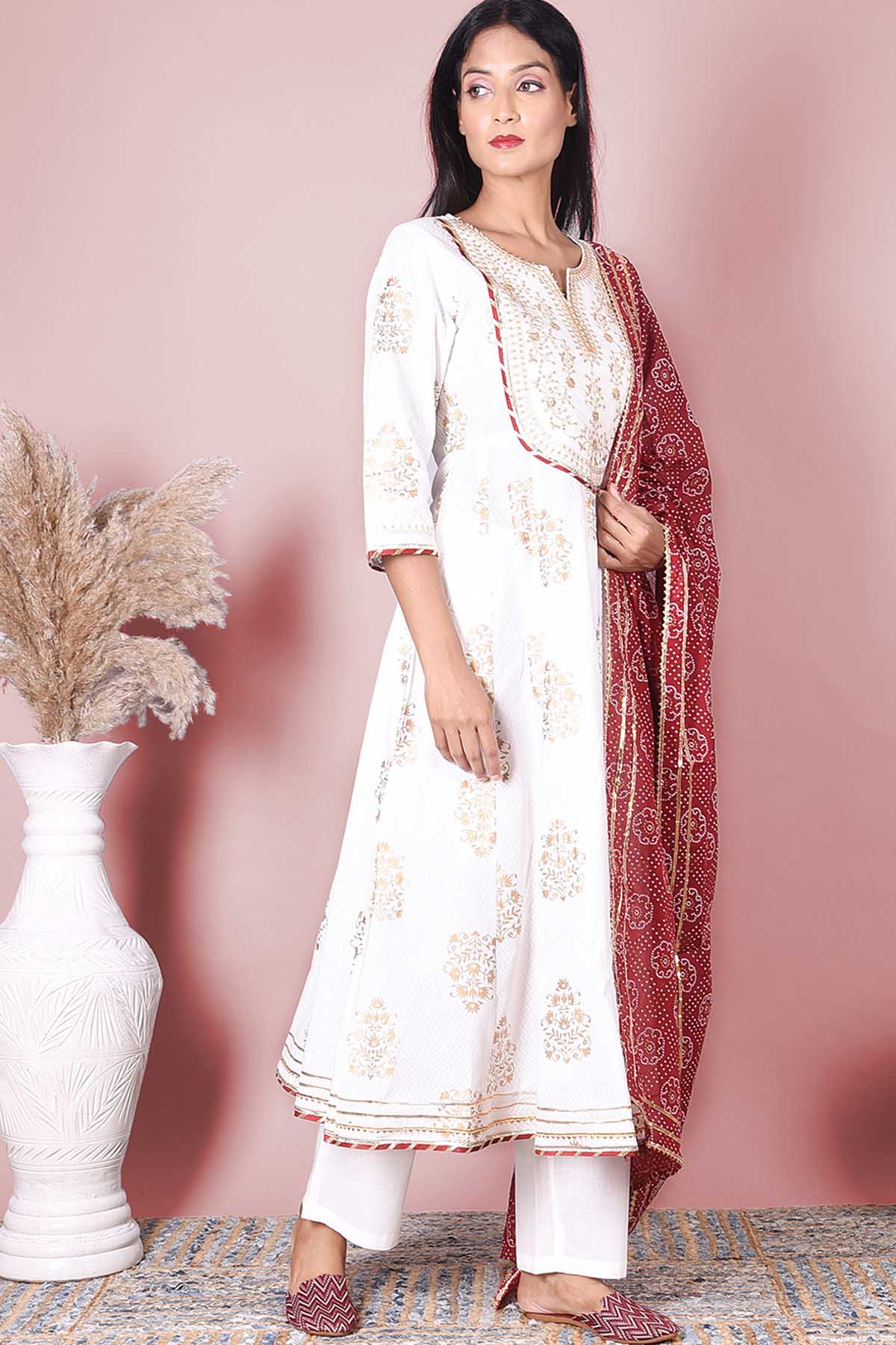 White & Gold Cotton Printed Suit Set - DWEEP SARA