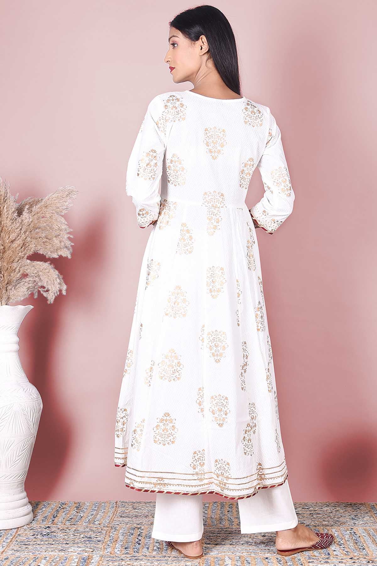 White & Gold Cotton Printed Suit Set - DWEEP SARA