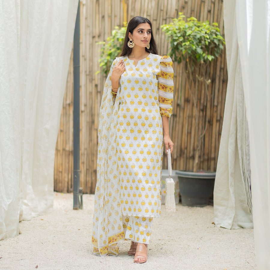 White & Golden Printed Suit Set - DWEEP SARA