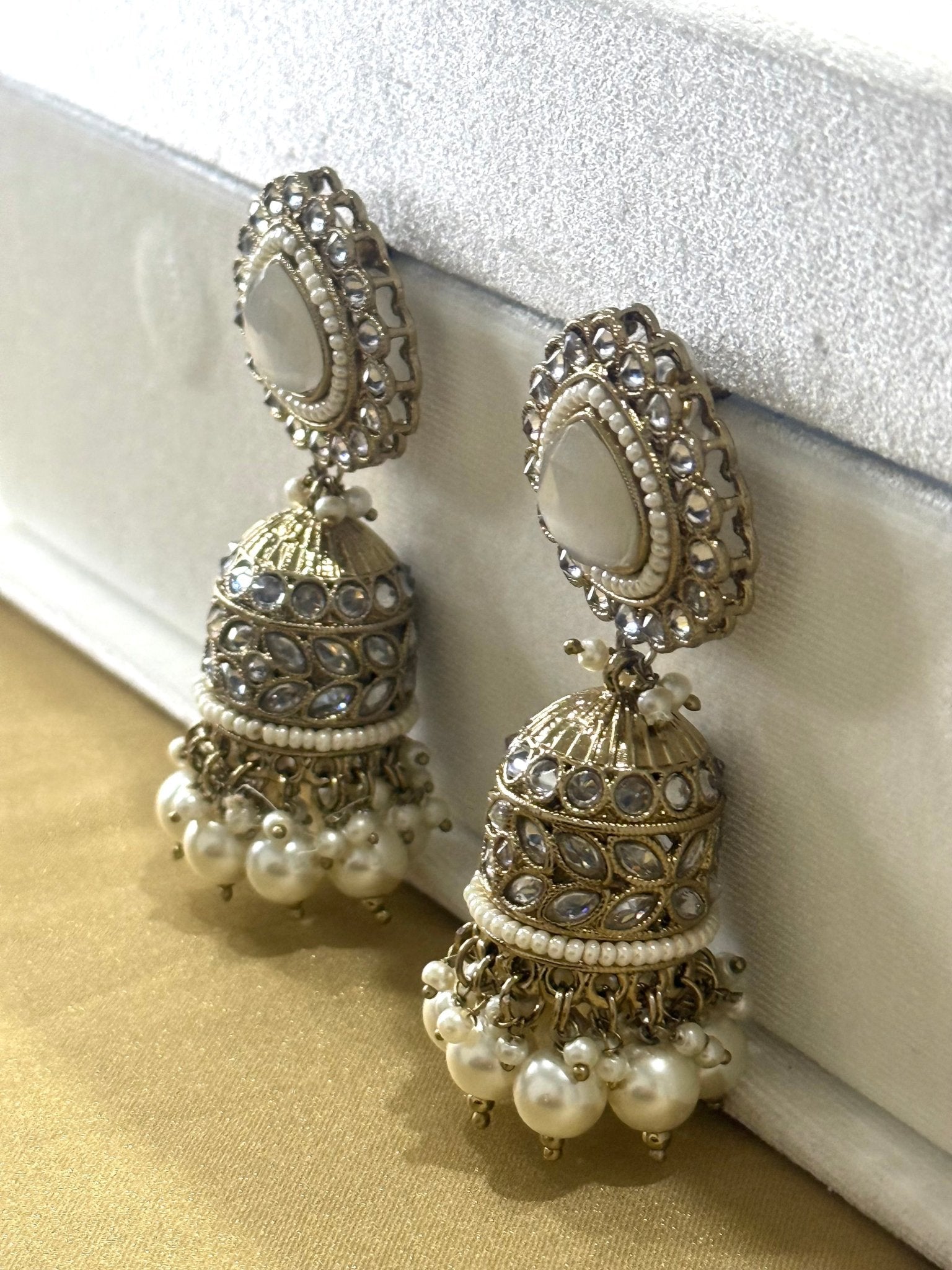 White Kundan Stone Pearl Jhumki Earrings - DWEEP SARA