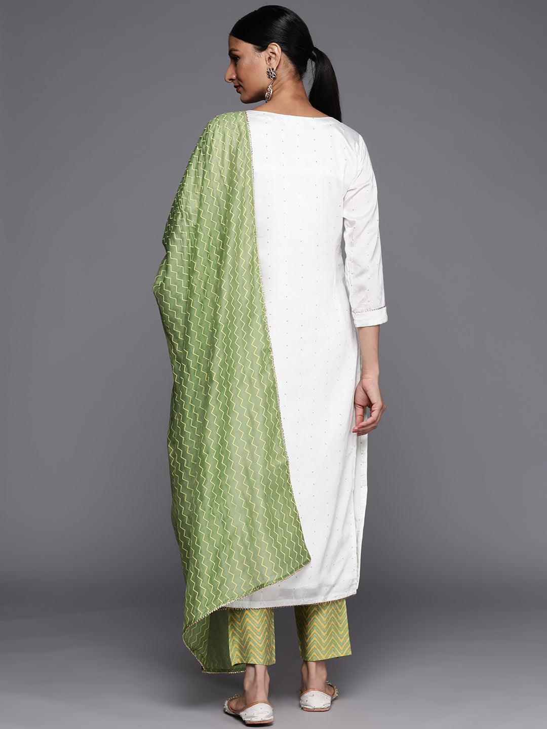 White & Parrot Green Chanderi Silk Suit Set - DWEEP SARA