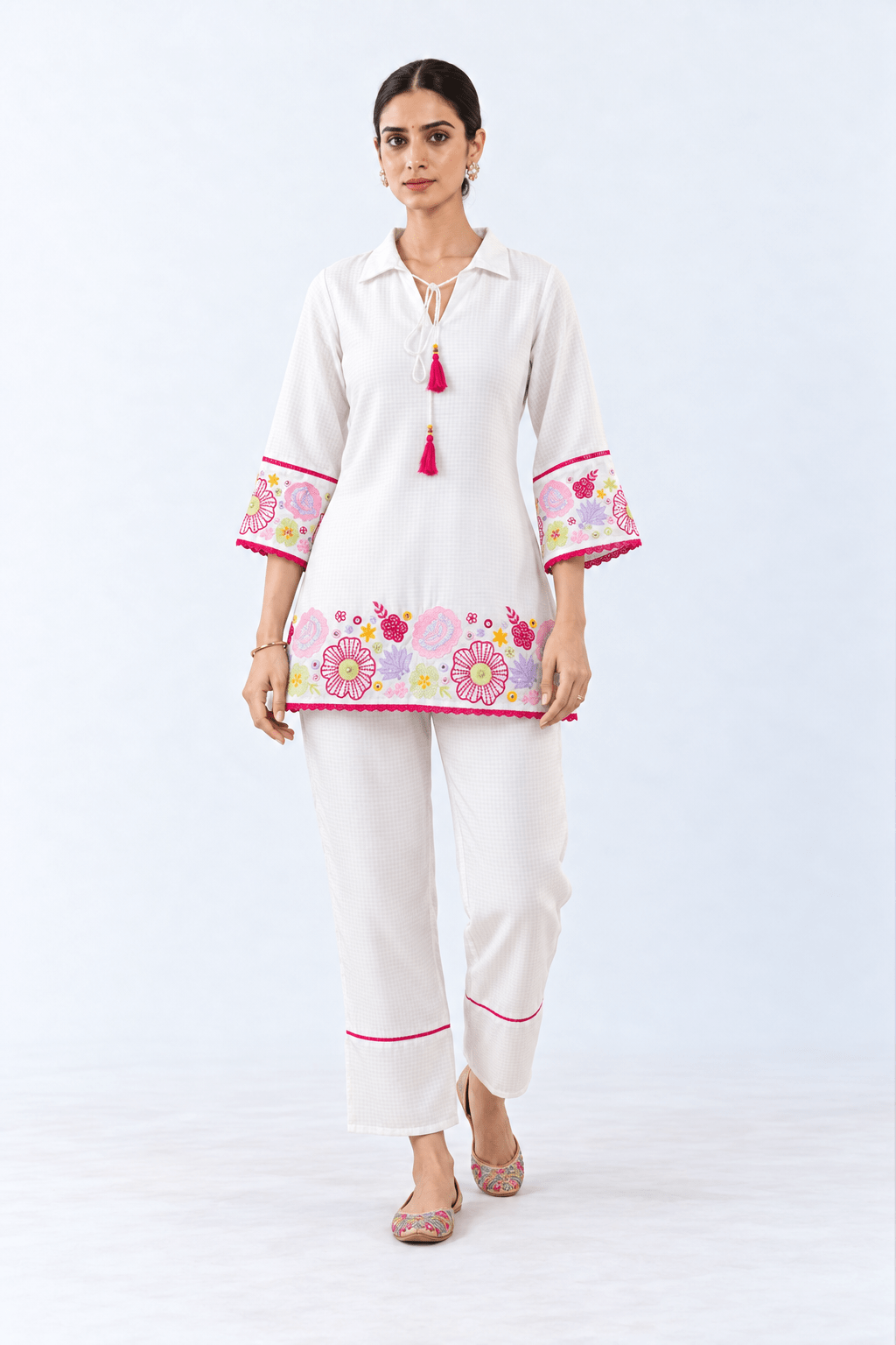 White Viscose Bloom Tassel Kurta Co-Ord Set - DWEEP SARA