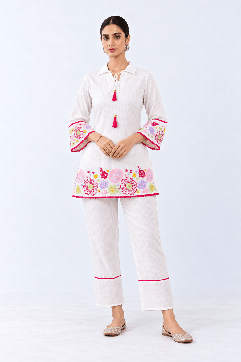 White Viscose Bloom Tassel Kurta Co-Ord Set - DWEEP SARA