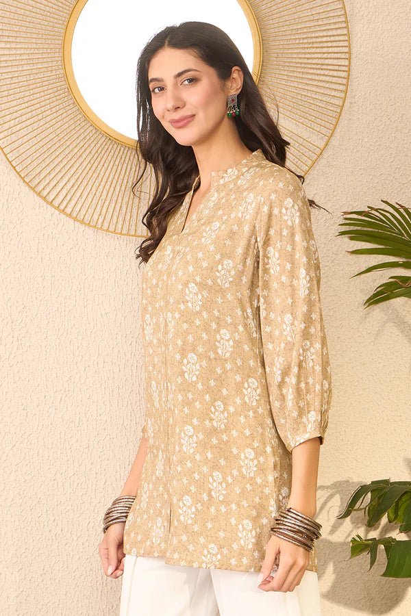 Women’s Beige Cotton Blend Floral Printed Regular Top /Short Kurti/ Tunic– V - Neck | 3/4 Sleeves | Straight Fit | Daily Casual Wear | Side Slit Design - DWEEP SARA