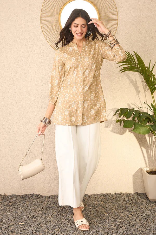 Women’s Beige Cotton Blend Floral Printed Regular Top /Short Kurti/ Tunic– V - Neck | 3/4 Sleeves | Straight Fit | Daily Casual Wear | Side Slit Design - DWEEP SARA