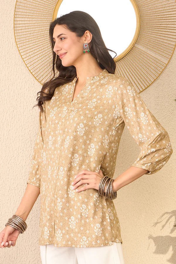 Women’s Beige Cotton Blend Floral Printed Regular Top /Short Kurti/ Tunic– V - Neck | 3/4 Sleeves | Straight Fit | Daily Casual Wear | Side Slit Design - DWEEP SARA