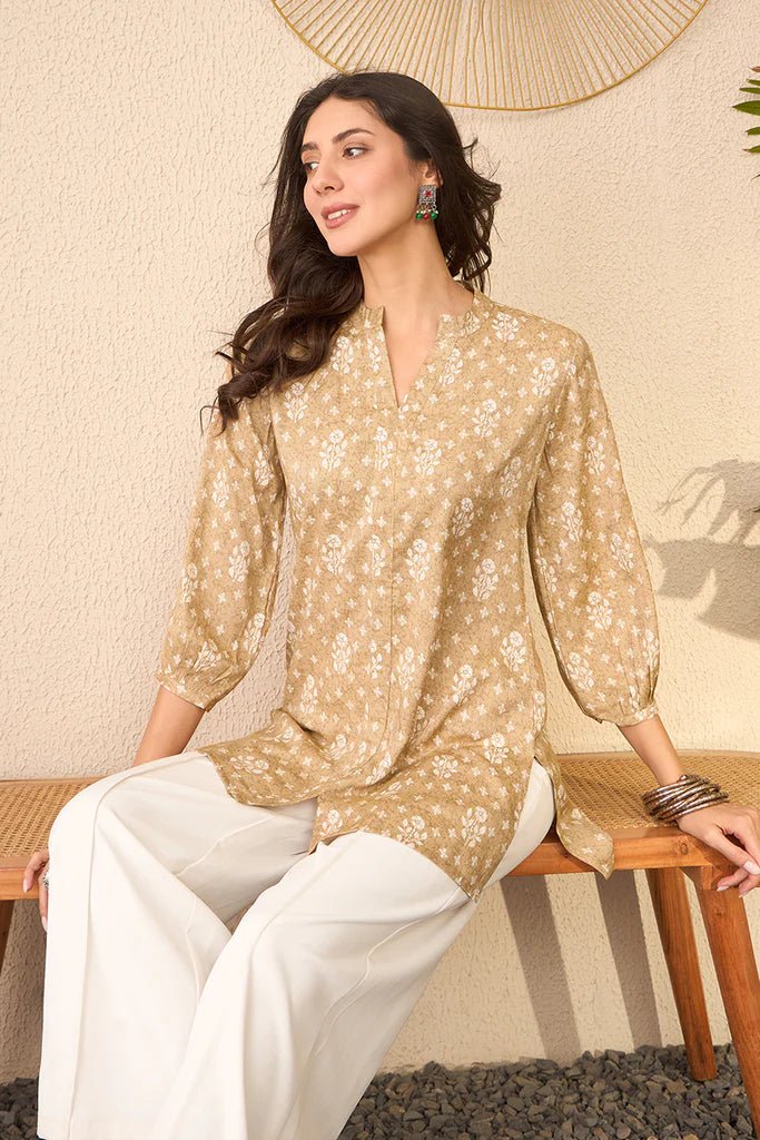 Women’s Beige Cotton Blend Floral Printed Regular Top /Short Kurti/ Tunic– V - Neck | 3/4 Sleeves | Straight Fit | Daily Casual Wear | Side Slit Design - DWEEP SARA