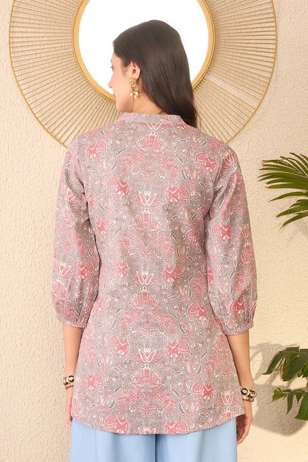 Women’s Grey & Pink Cotton Blend Floral Printed Straight Kurti with Mandarin Collar – Cuffed 3/4 Sleeves | Daily Wear Tunic | Woven Fabri - DWEEP SARA