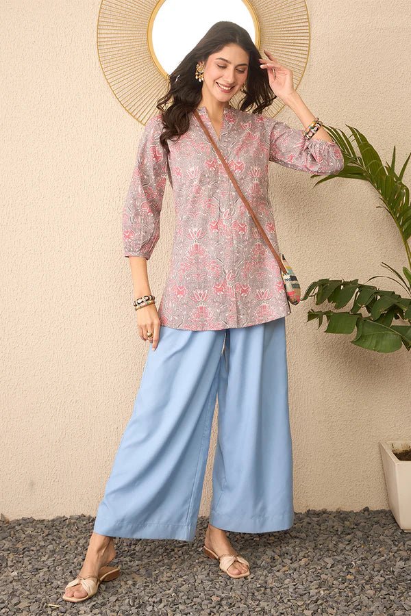 Women’s Grey & Pink Cotton Blend Floral Printed Straight Kurti with Mandarin Collar – Cuffed 3/4 Sleeves | Daily Wear Tunic | Woven Fabri - DWEEP SARA