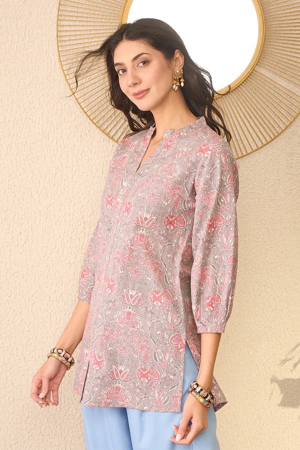 Women’s Grey & Pink Cotton Blend Floral Printed Straight Kurti with Mandarin Collar – Cuffed 3/4 Sleeves | Daily Wear Tunic | Woven Fabri - DWEEP SARA