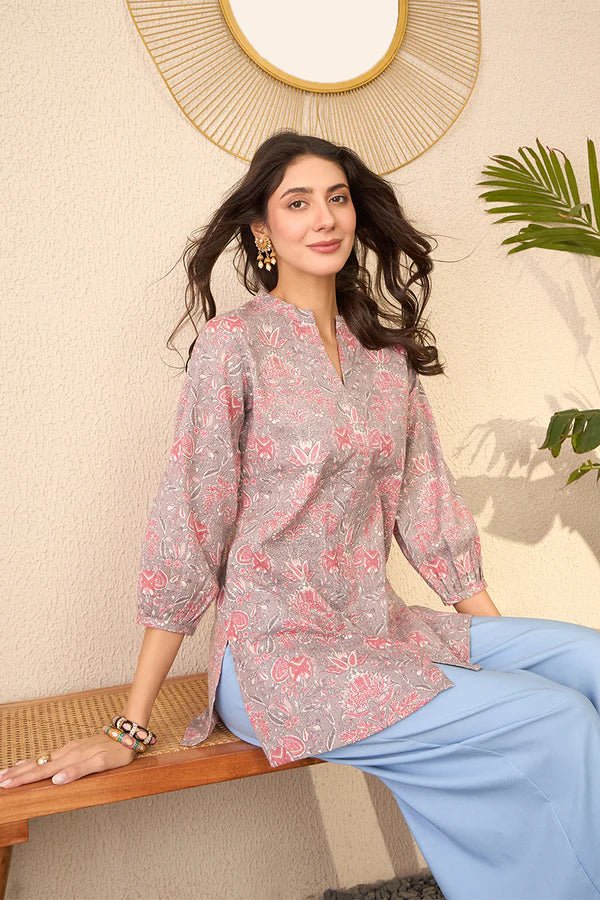 Women’s Grey & Pink Cotton Blend Floral Printed Straight Kurti with Mandarin Collar – Cuffed 3/4 Sleeves | Daily Wear Tunic | Woven Fabri - DWEEP SARA