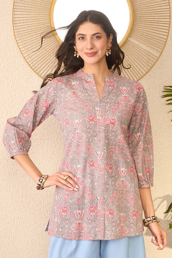 Women’s Grey & Pink Cotton Blend Floral Printed Straight Kurti with Mandarin Collar – Cuffed 3/4 Sleeves | Daily Wear Tunic | Woven Fabri - DWEEP SARA