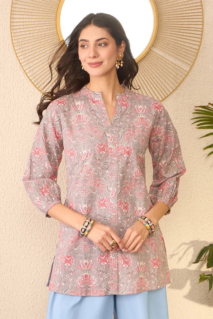 Women’s Grey & Pink Cotton Blend Floral Printed Straight Kurti with Mandarin Collar – Cuffed 3/4 Sleeves | Daily Wear Tunic | Woven Fabri - DWEEP SARA