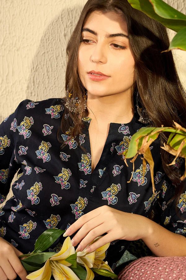 Women’s Navy Blue Cotton Blend Ethnic Motifs Printed Short Kurti / Tunic – Regular Fit | 3/4 Sleeves | Daily & Office Wear | Comfortable Woven Fabric - DWEEP SARA