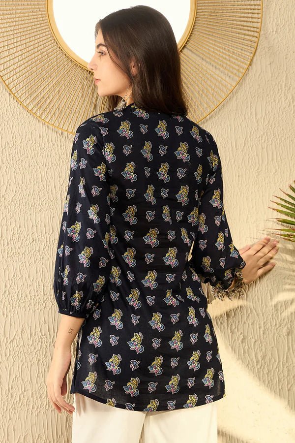 Women’s Navy Blue Cotton Blend Ethnic Motifs Printed Short Kurti / Tunic – Regular Fit | 3/4 Sleeves | Daily & Office Wear | Comfortable Woven Fabric - DWEEP SARA