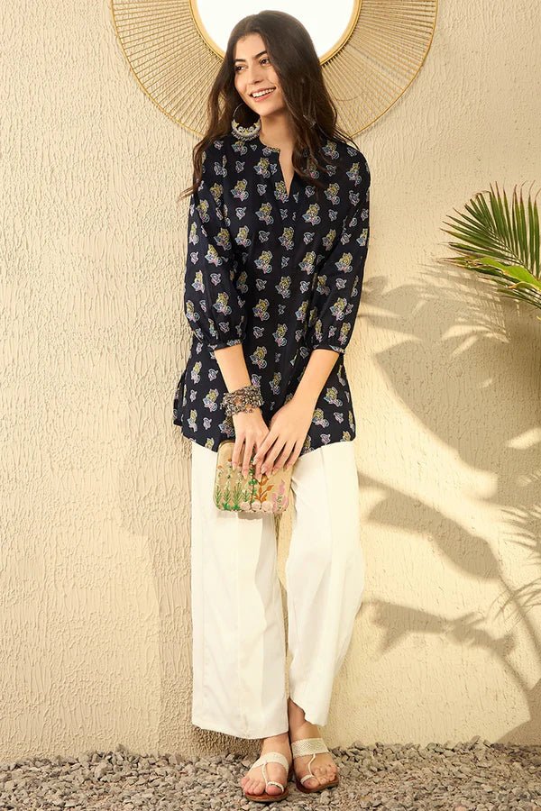 Women’s Navy Blue Cotton Blend Ethnic Motifs Printed Short Kurti / Tunic – Regular Fit | 3/4 Sleeves | Daily & Office Wear | Comfortable Woven Fabric - DWEEP SARA