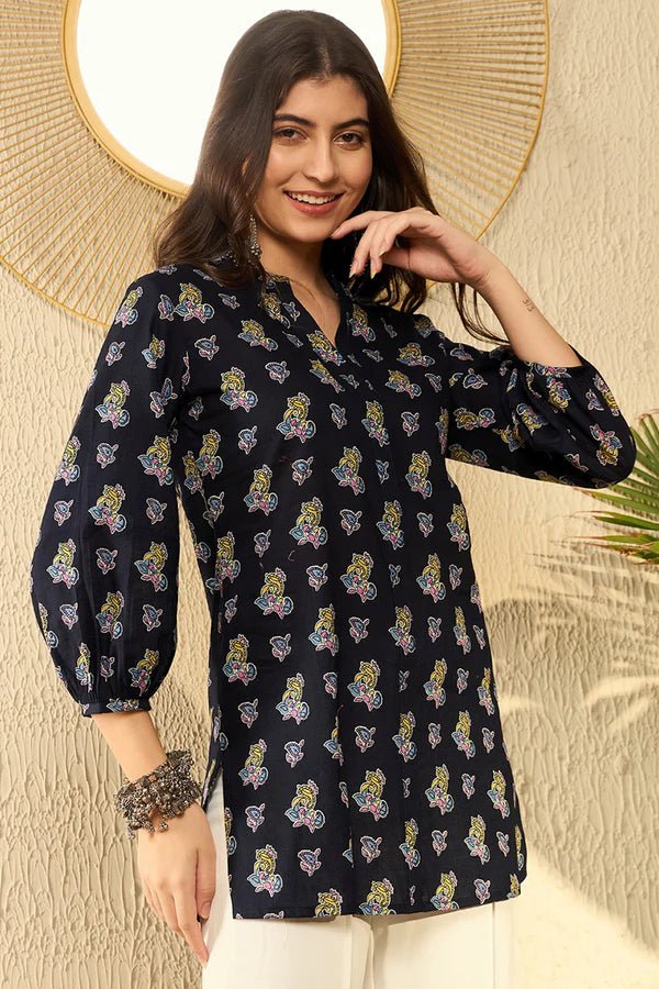 Women’s Navy Blue Cotton Blend Ethnic Motifs Printed Short Kurti / Tunic – Regular Fit | 3/4 Sleeves | Daily & Office Wear | Comfortable Woven Fabric - DWEEP SARA