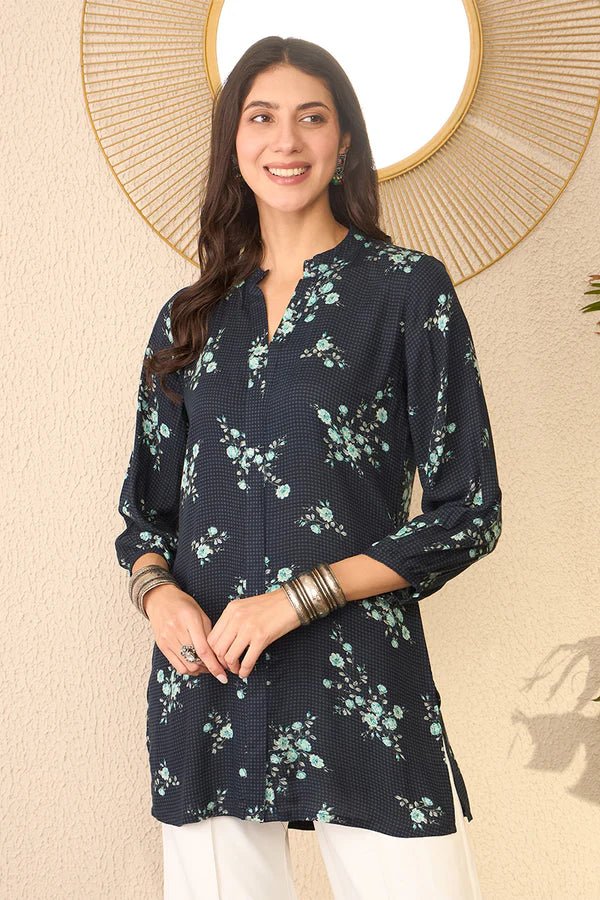 Women’s Navy Blue Rayon Blend Floral Printed Straight Short Kurti / Tunic Top – Cuffed 3/4 Sleeves | Mandarin Collar | Daily Wear | Rayon Fabric - DWEEP SARA
