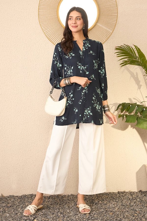 Women’s Navy Blue Rayon Blend Floral Printed Straight Short Kurti / Tunic Top – Cuffed 3/4 Sleeves | Mandarin Collar | Daily Wear | Rayon Fabric - DWEEP SARA