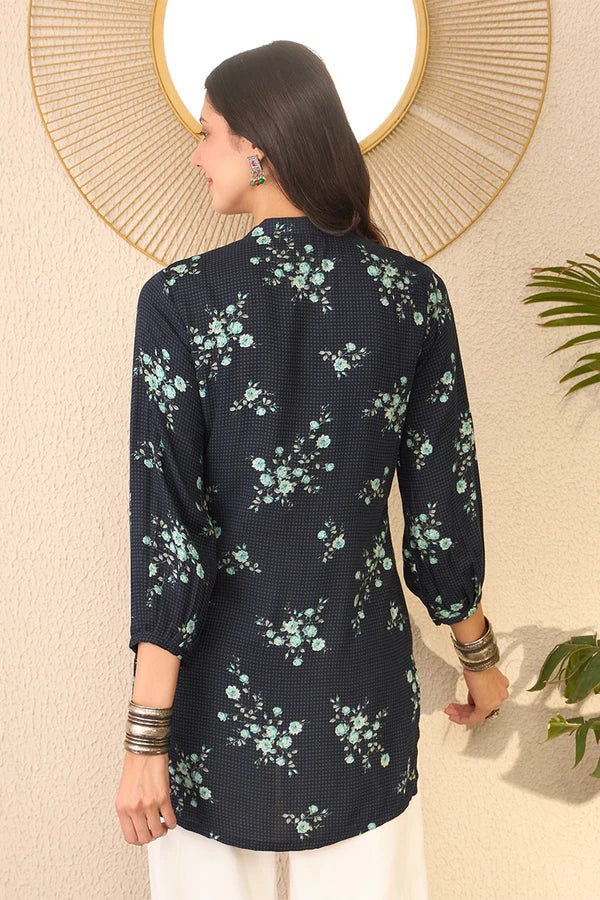 Women’s Navy Blue Rayon Blend Floral Printed Straight Short Kurti / Tunic Top – Cuffed 3/4 Sleeves | Mandarin Collar | Daily Wear | Rayon Fabric - DWEEP SARA