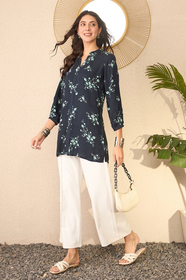 Women’s Navy Blue Rayon Blend Floral Printed Straight Short Kurti / Tunic Top – Cuffed 3/4 Sleeves | Mandarin Collar | Daily Wear | Rayon Fabric - DWEEP SARA