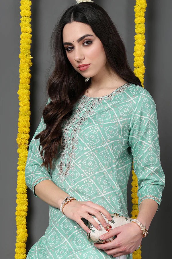 Women’s Sea Green Cotton Blend Bandhani Printed Straight Kurta – Traditional Indian Tunic | 3/4 Sleeves | Festive & Casual Wear - DWEEP SARA