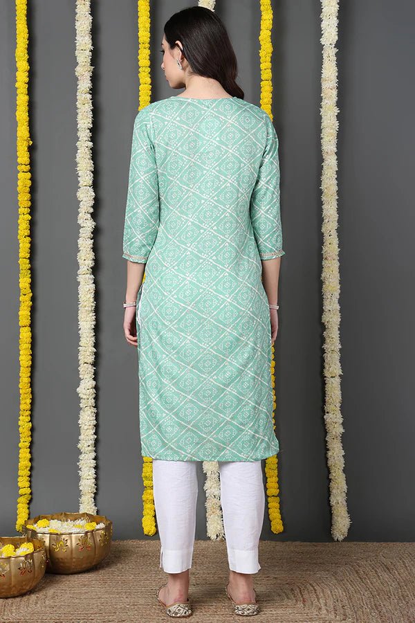 Women’s Sea Green Cotton Blend Bandhani Printed Straight Kurta – Traditional Indian Tunic | 3/4 Sleeves | Festive & Casual Wear - DWEEP SARA