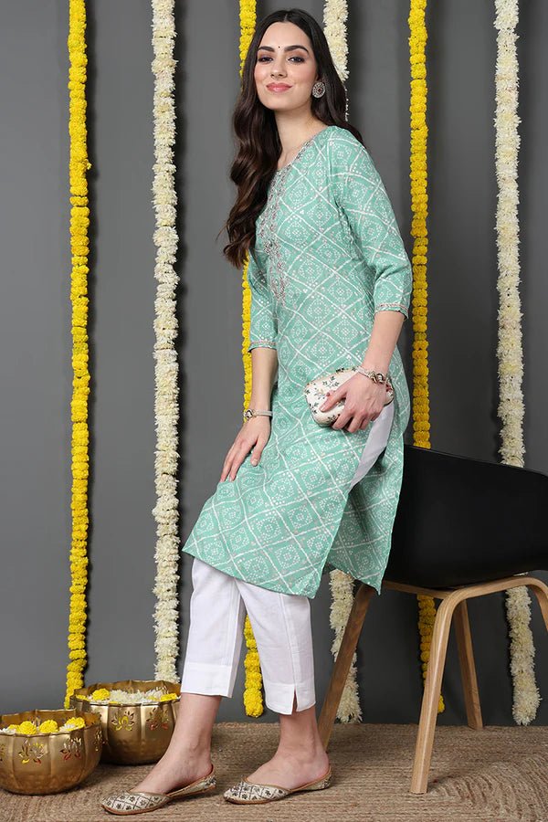 Women’s Sea Green Cotton Blend Bandhani Printed Straight Kurta – Traditional Indian Tunic | 3/4 Sleeves | Festive & Casual Wear - DWEEP SARA