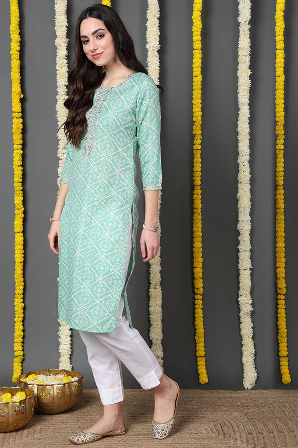 Women’s Sea Green Cotton Blend Bandhani Printed Straight Kurta – Traditional Indian Tunic | 3/4 Sleeves | Festive & Casual Wear - DWEEP SARA