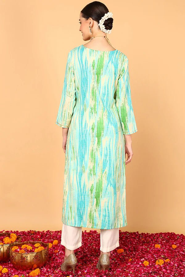 Women’s Turquoise Blue Viscose Rayon Straight Kurta – Abstract Printed | Casual & Workwear | 3/4 Sleeves | Soft & Lightweight Fabric - DWEEP SARA