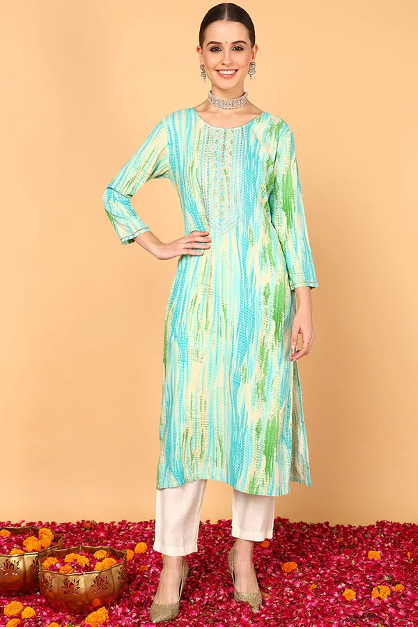 Women’s Turquoise Blue Viscose Rayon Straight Kurta – Abstract Printed | Casual & Workwear | 3/4 Sleeves | Soft & Lightweight Fabric - DWEEP SARA