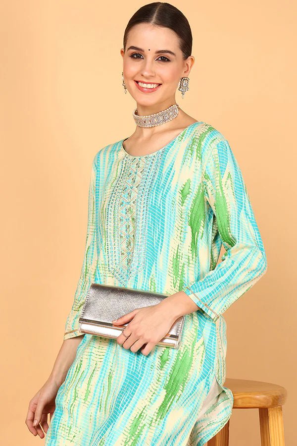 Women’s Turquoise Blue Viscose Rayon Straight Kurta – Abstract Printed | Casual & Workwear | 3/4 Sleeves | Soft & Lightweight Fabric - DWEEP SARA