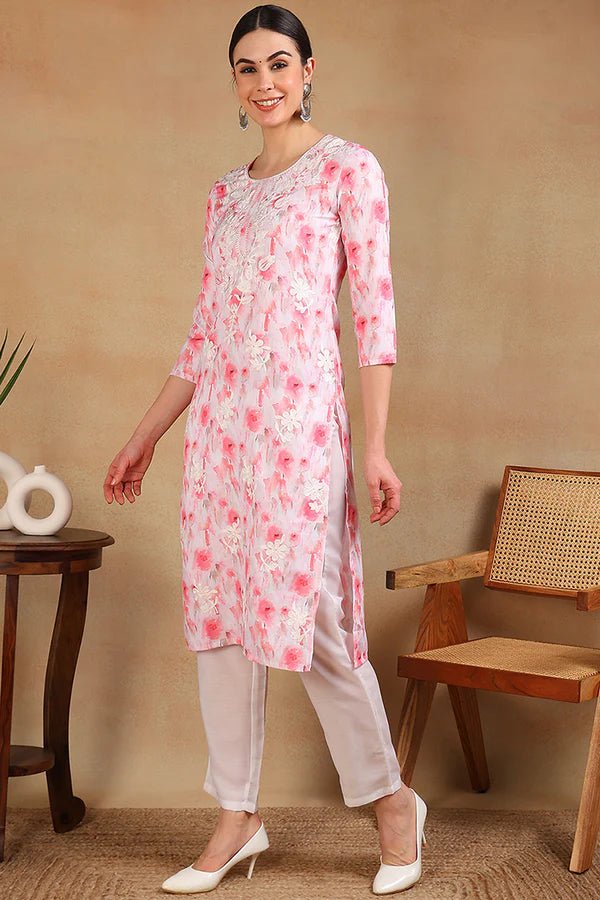 Women’s White Cotton Blend Straight Kurta – Embroidered Ethnic Print | 3/4 Sleeves | Festive & Daily Wear - DWEEP SARA