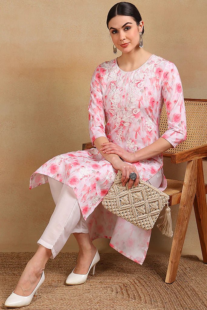 Women’s White Cotton Blend Straight Kurta – Embroidered Ethnic Print | 3/4 Sleeves | Festive & Daily Wear - DWEEP SARA
