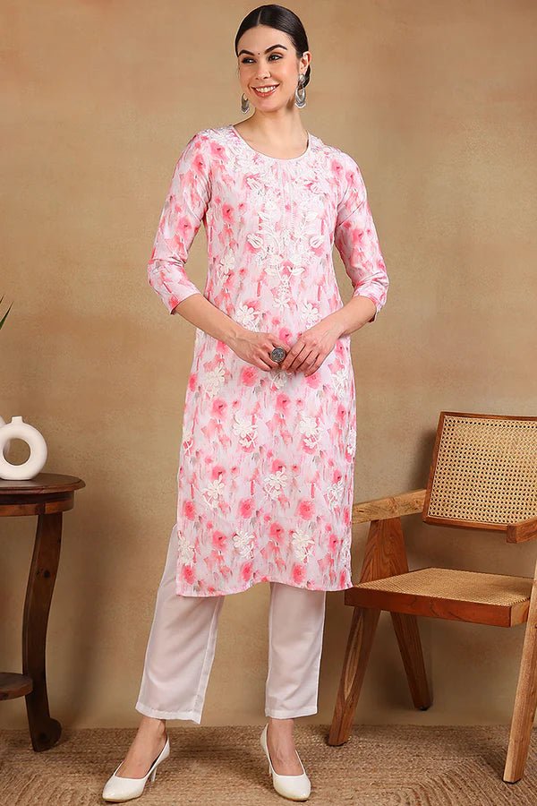 Women’s White Cotton Blend Straight Kurta – Embroidered Ethnic Print | 3/4 Sleeves | Festive & Daily Wear - DWEEP SARA